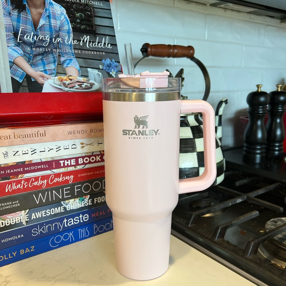 Stanley 40oz travel quencher in Baby Pink with cover and straw